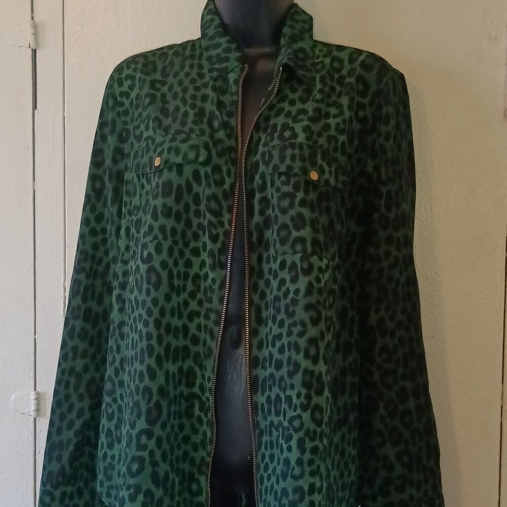 Michael Kors Women's Green and Black Leopard Print Full Zip Shirt Jacket Size L